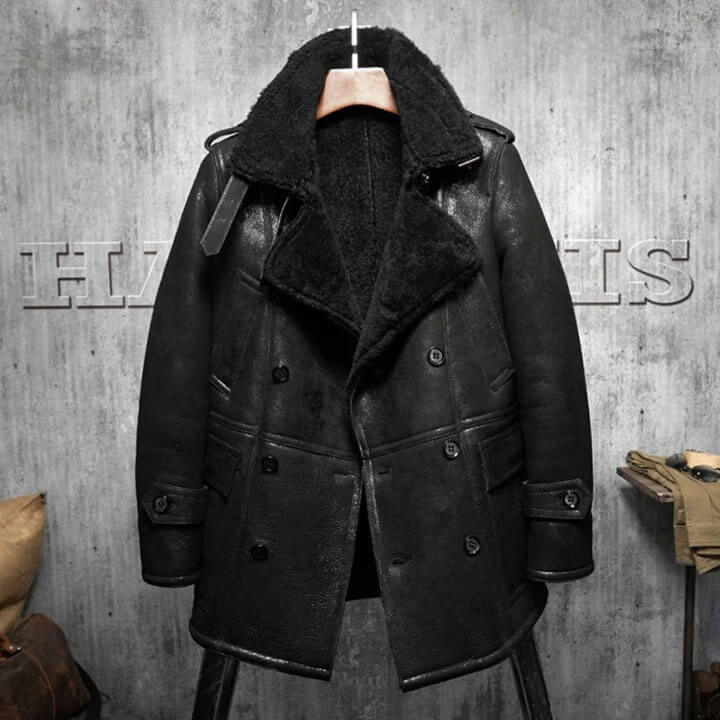 Black Men's Shearling Leather Coat Men's Fur Coat Aviation Leather Parka