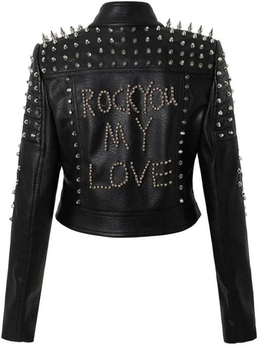 Black Rock You My Love Studded Biker Leather Jacket