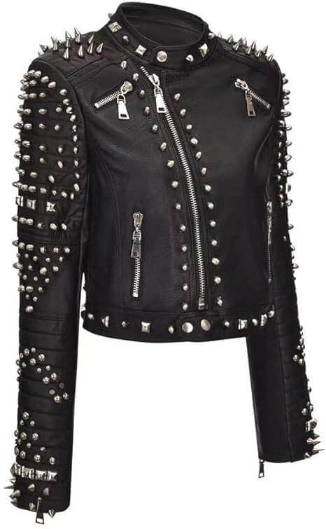 Black Studded Game Queen Diamond Pattern Biker Leather Jacket