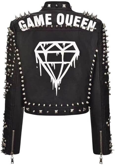 Black Studded Game Queen Diamond Pattern Biker Leather Jacket