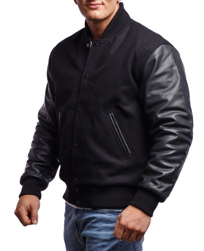 Black Wool Body & Black Leather Sleeves Letterman Jacket for Men