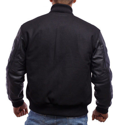 Black Wool Body & Black Leather Sleeves Letterman Jacket for Men