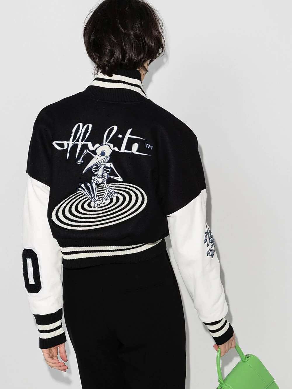 Women Black and White Cropped Varsity Bomber Jacket