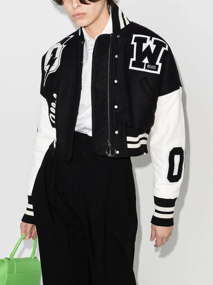 Women Black and White Cropped Varsity Bomber Jacket