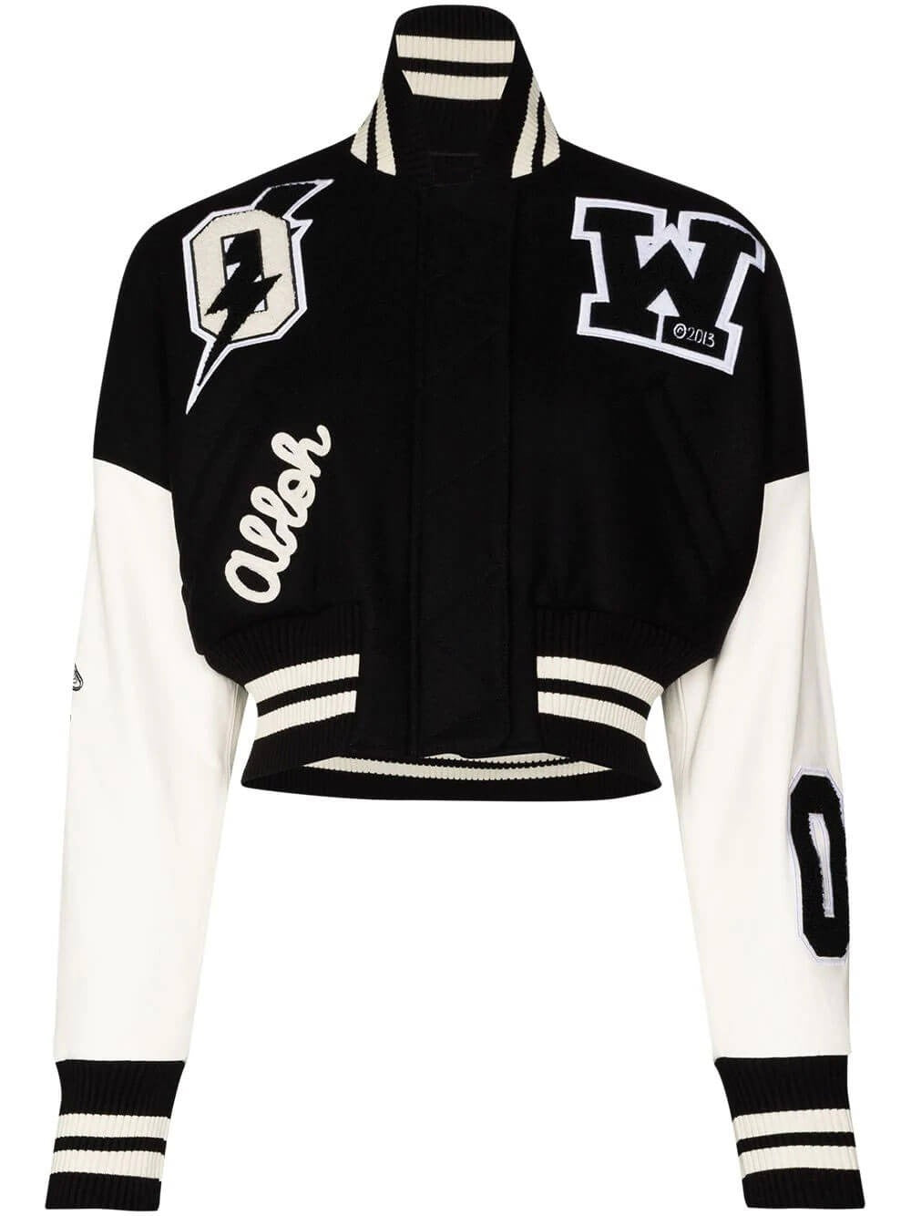 Women Black and White Cropped Varsity Bomber Jacket