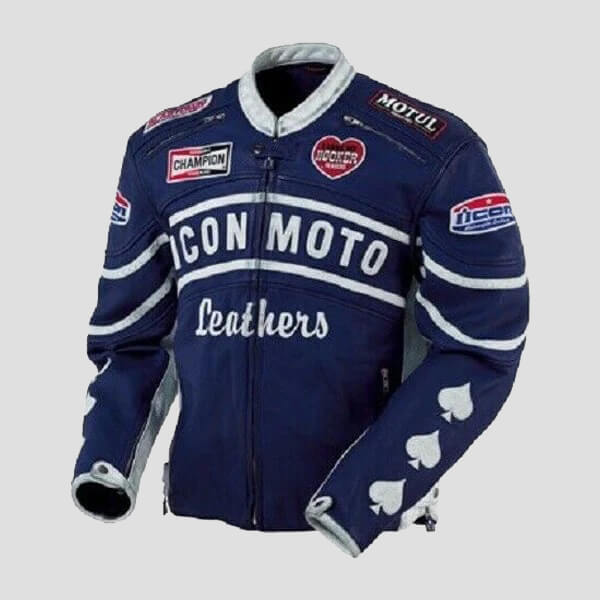 Blue Icon Moto Leather Jacket With CE Armor Icon Daytona Jacket