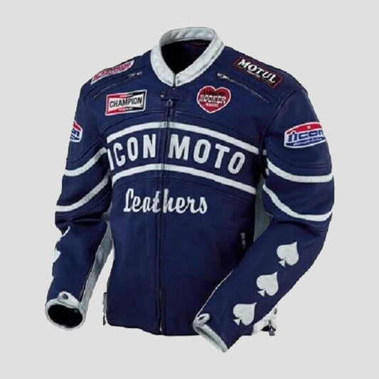 Blue Icon Moto Leather Jacket With CE Armor Icon Daytona Jacket