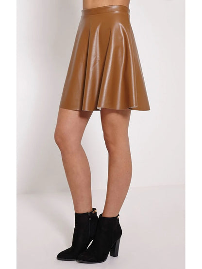 Brown Leather Skater Skirt for Women