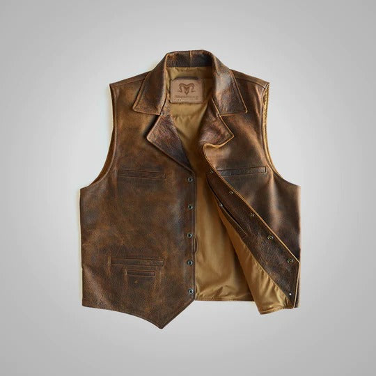 Brown Sheepskin Leather Cowboy Vest for Men