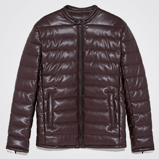 Brown Leather Puffer Jacket