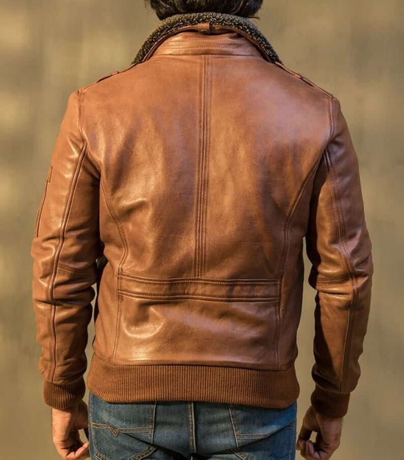 Men Brown Real leather Bomber Jacket With Faux Fur Collar