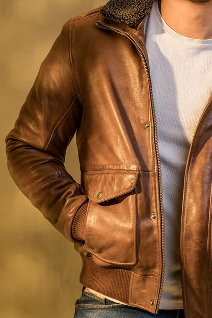 Men Brown Real leather Bomber Jacket With Faux Fur Collar