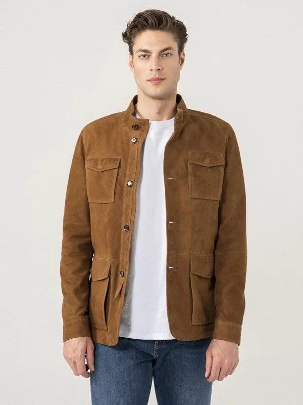 Brown Suede Jacket for Men with Four Flap Pockets