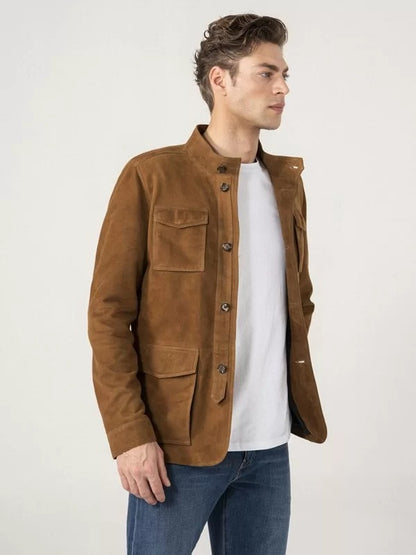 Brown Suede Jacket for Men with Four Flap Pockets