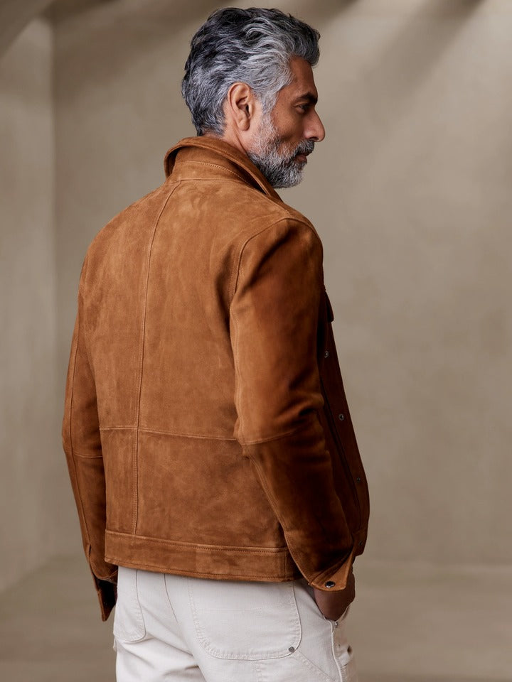 Brown Suede Leather Trucker Jacket for Men