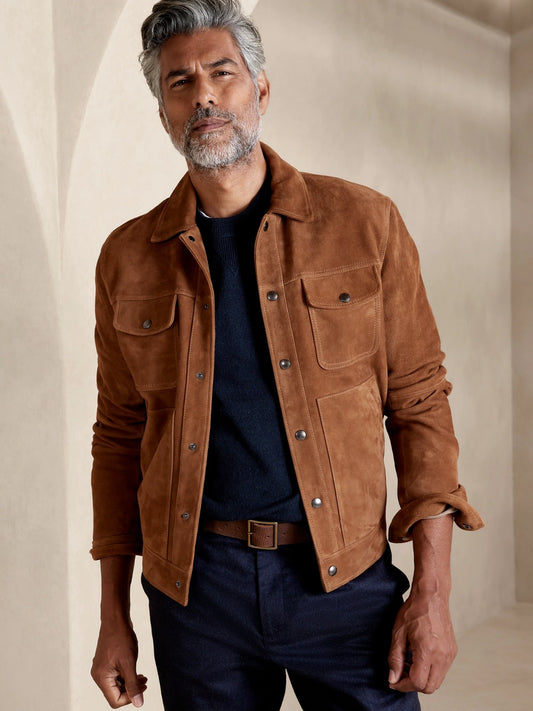 Brown Suede Leather Trucker Jacket for Men