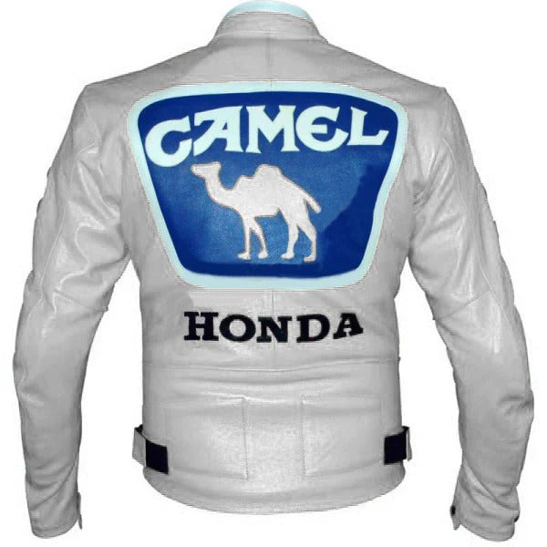 Camel White Leather Honda Motorcycle Jacket for Men