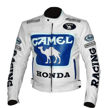 Camel White Leather Honda Motorcycle Jacket for Men