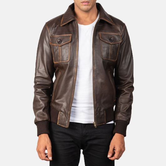 Brown Bomber Leather Jacket for Men