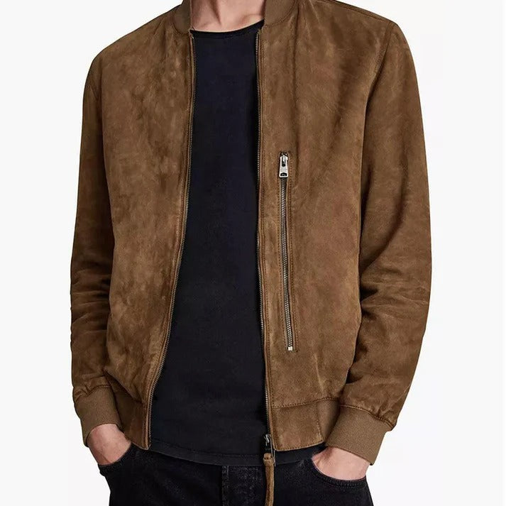 Classic Men's Brown Suede Real Leather Bomber Jacket