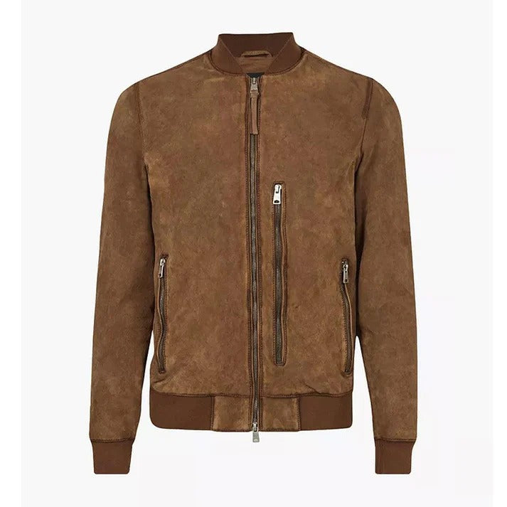 Classic Men's Brown Suede Real Leather Bomber Jacket