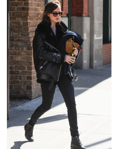 Dakota Johnson Sheepskin Shearling Biker Jacket