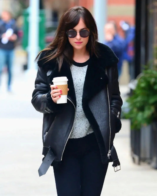 Dakota Johnson Sheepskin Shearling Biker Jacket