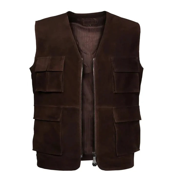 Dark Brown Suede Leather Vest with Multi-Pockets