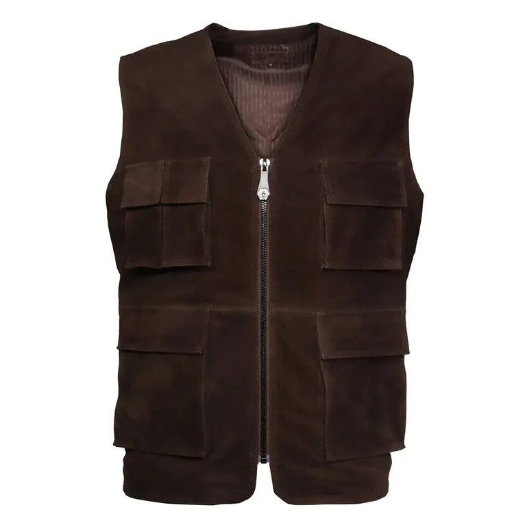 Dark Brown Suede Leather Vest with Multi-Pockets