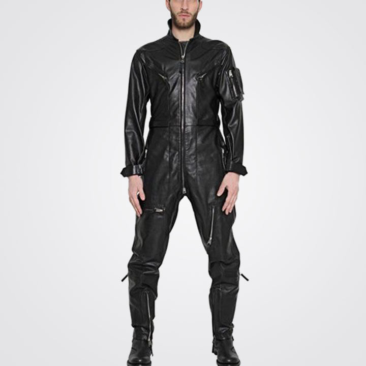 Men's Long Sleeves Black Leather Jumpsuit