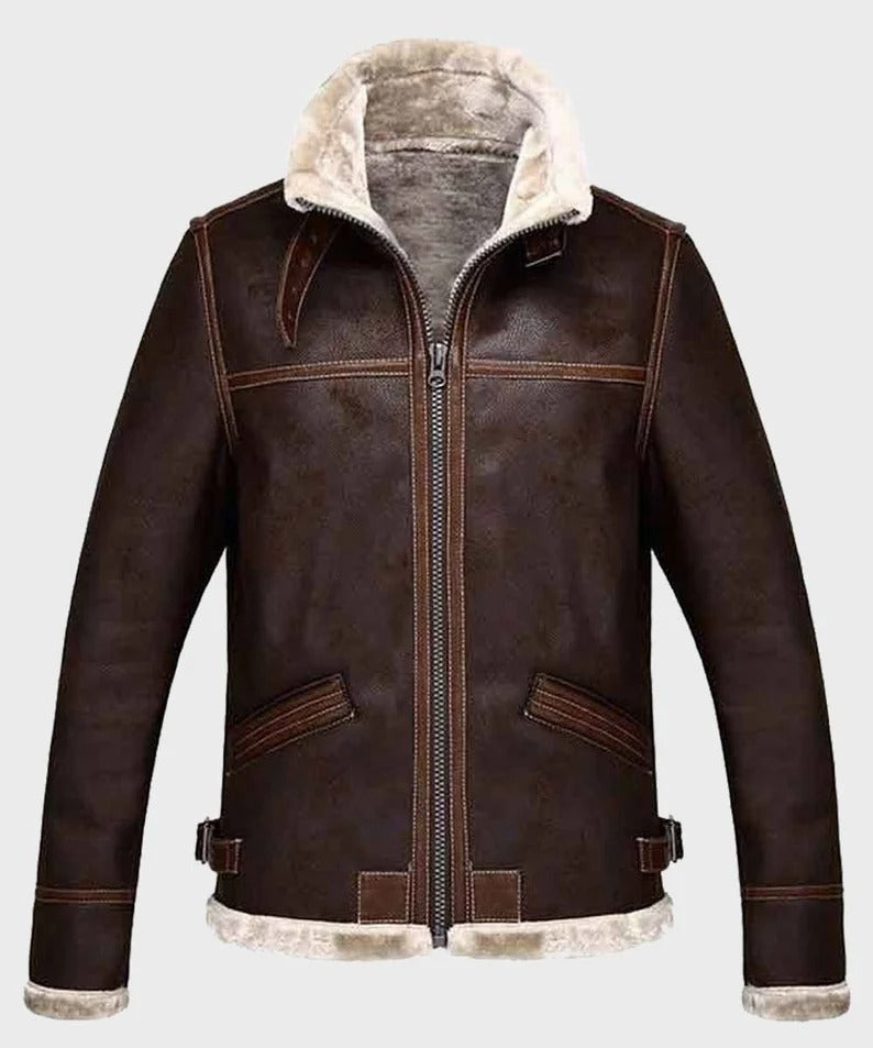 Distressed Brown Shearling Jacket for Men - Inspired by Resident Evil 4