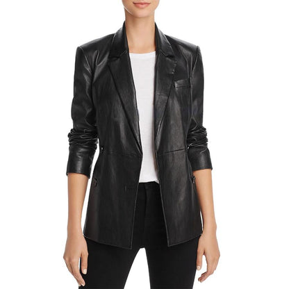 Double-Breasted Women Leather Blazer in Black
