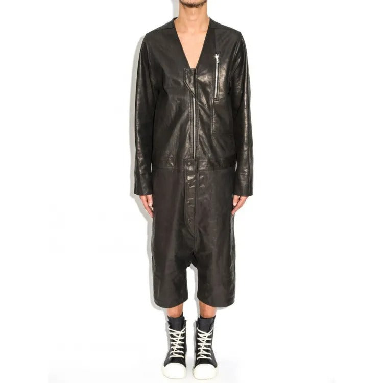 Genuine Lambskin Black Leather Jumpsuit for Men