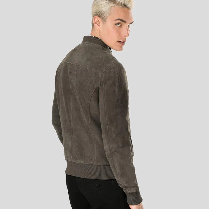 Grey Suede Bomber Leather Jacket For Men