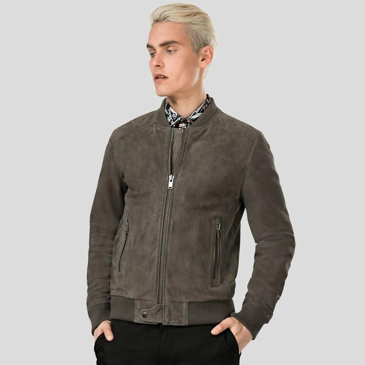 Grey Suede Bomber Leather Jacket For Men