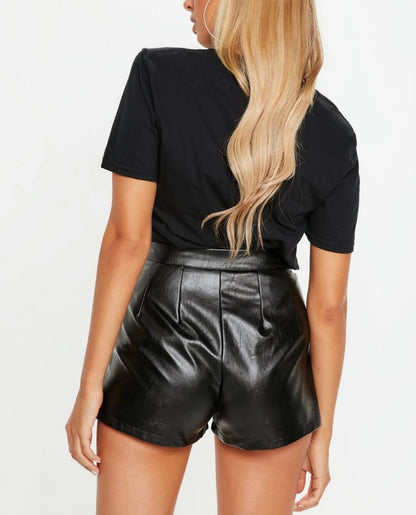 High-Waisted Black Leather Shorts with Pleated Detailing for Women