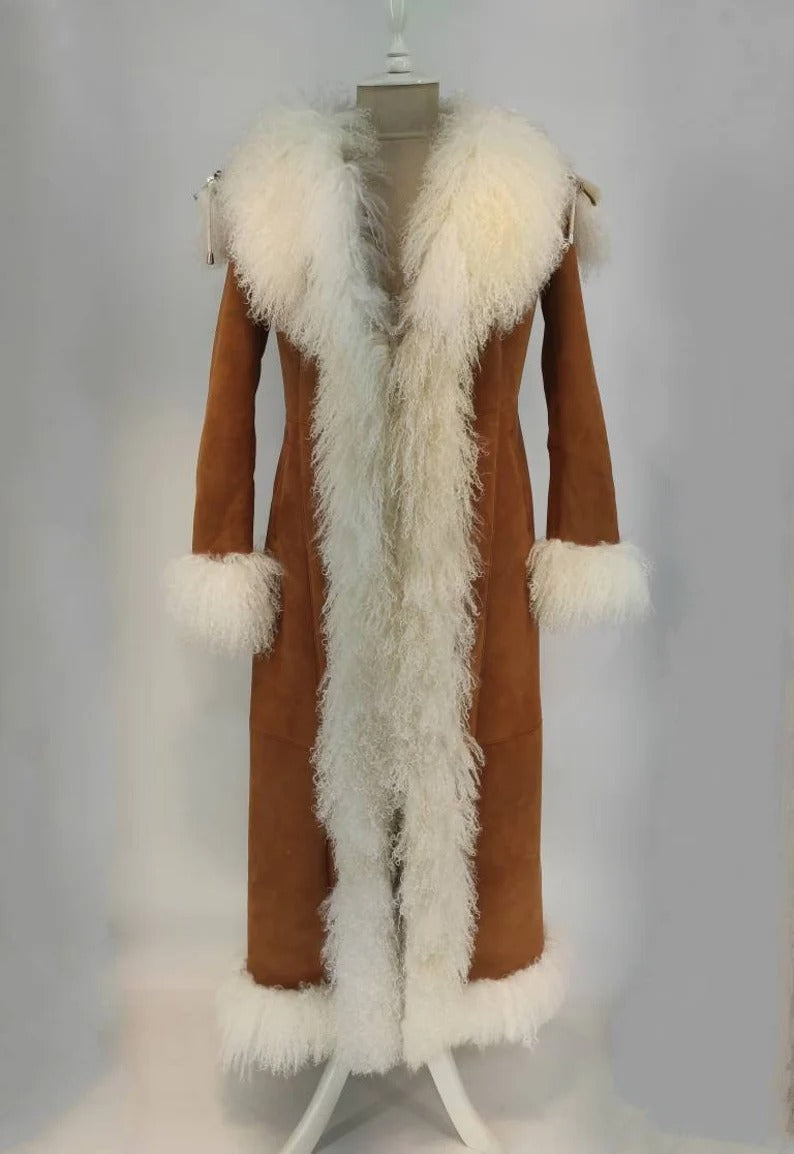 Hooded Natural Suede Shearling Fur Coat
