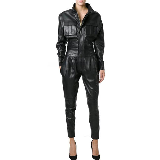 Jet Black Military-Style Leather Jumpsuit with Multiple Pockets