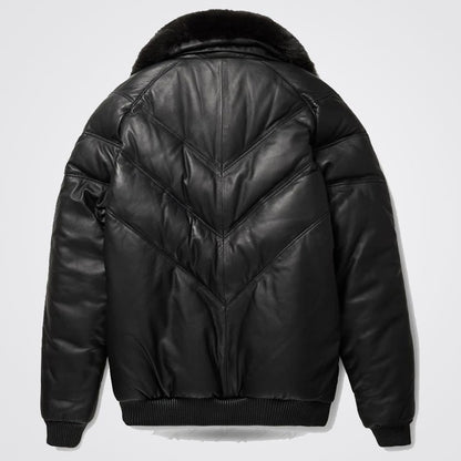 Leather V-Bomber Jacket Black with Black Fox Fur