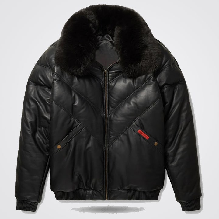 Leather V-Bomber Jacket Black with Black Fox Fur