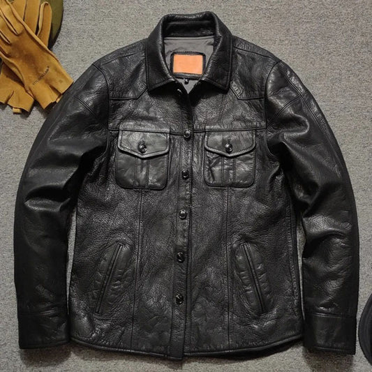 Men Black Genuine Sheepskin Leather Trucker Shirt Jacket