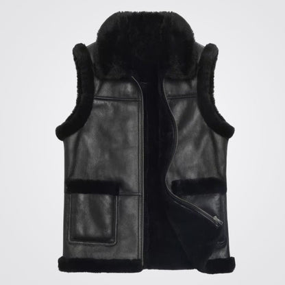 Men Black Genuine Sheepskin Shearling Leather Vest