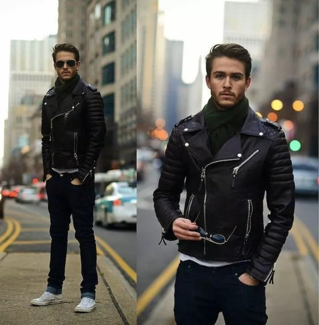 Men Fashion Black Leather Motorcycle Jacket