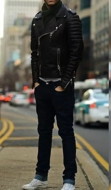 Men Fashion Black Leather Motorcycle Jacket