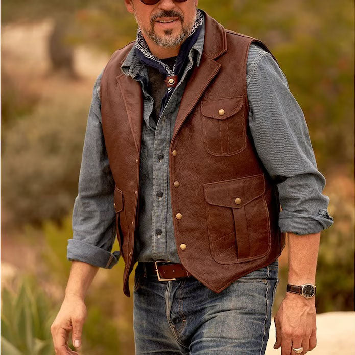 Men Genuine Cowhide Leather Western Sleeveless Cowboy Vest