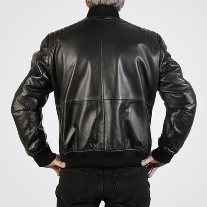 Men Quilted Style Black Genuine Leather Bomber Jacket