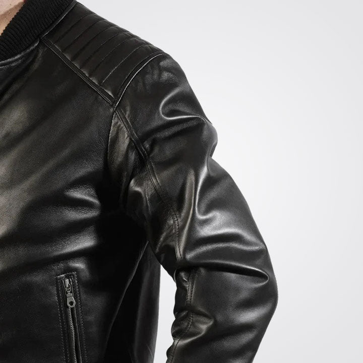 Men Quilted Style Black Genuine Leather Bomber Jacket
