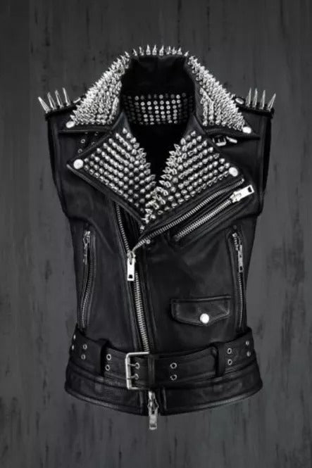 Men Rock Punk Style Belted Leather Biker Vest