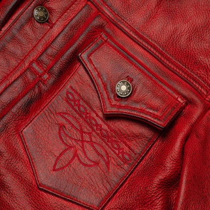 Men Waxed Cafe Racer Genuine Leather Red Trucker Shirt