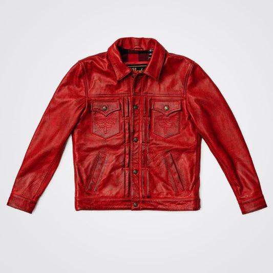 Men Waxed Cafe Racer Genuine Leather Red Trucker Shirt